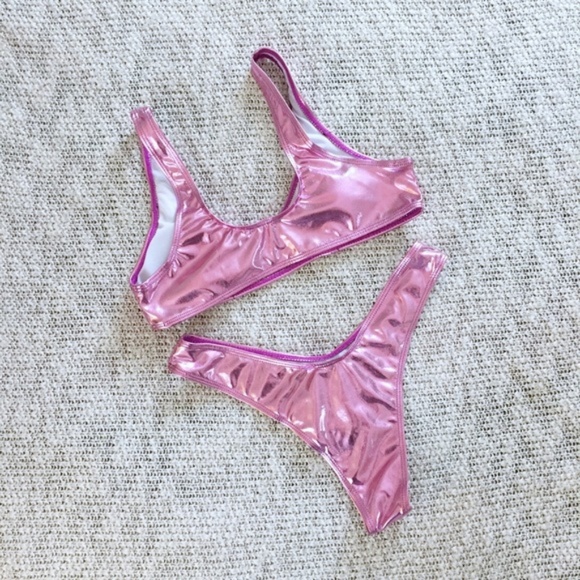 Sexy Metallic Pink Bikini Two Piece Swim Suit NEW - Picture 4 of 5